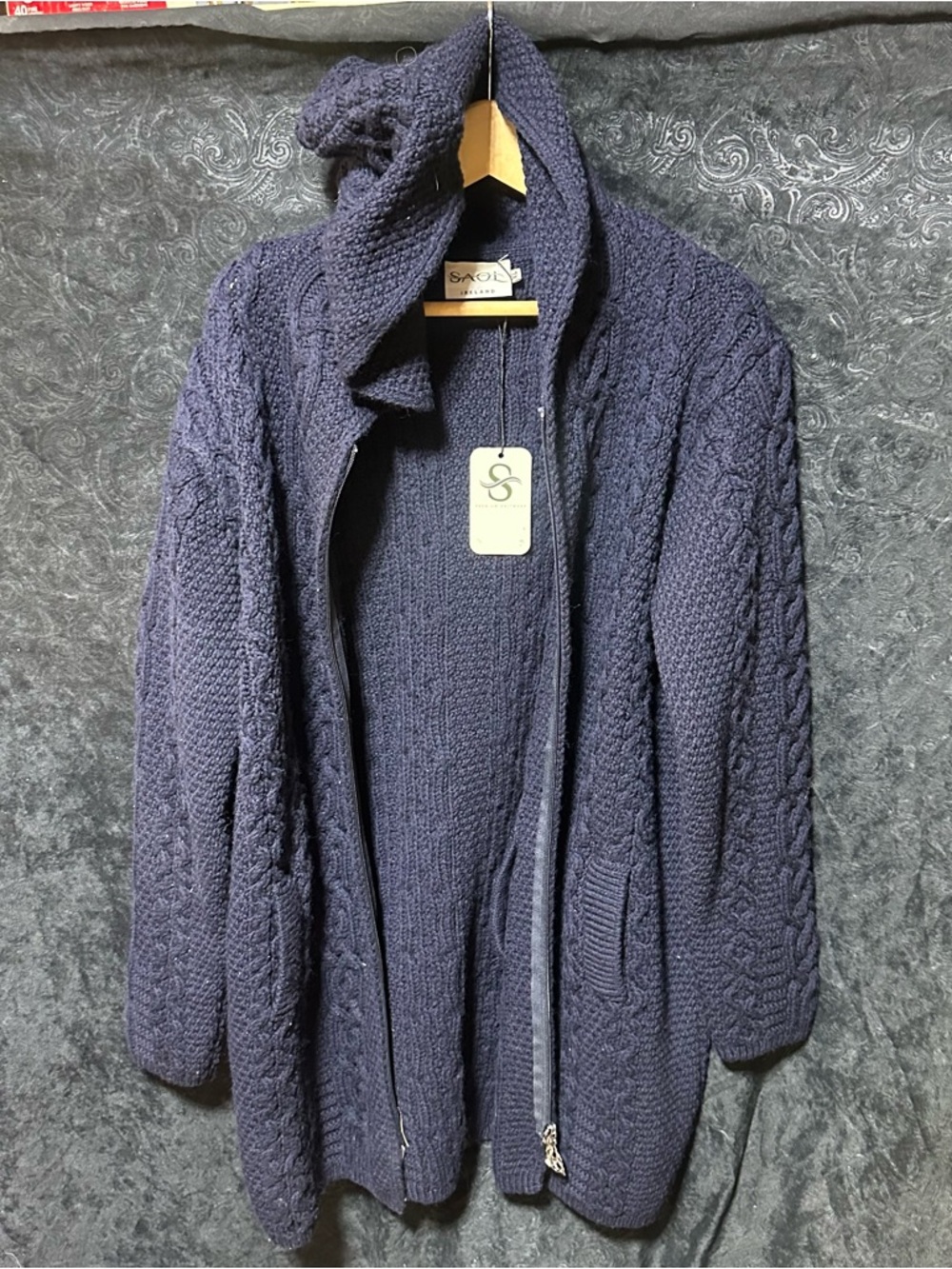 NWT! SAOL Ireland Navy Cable-Knit Zip Cardigan Sweater Hood Pockets XL